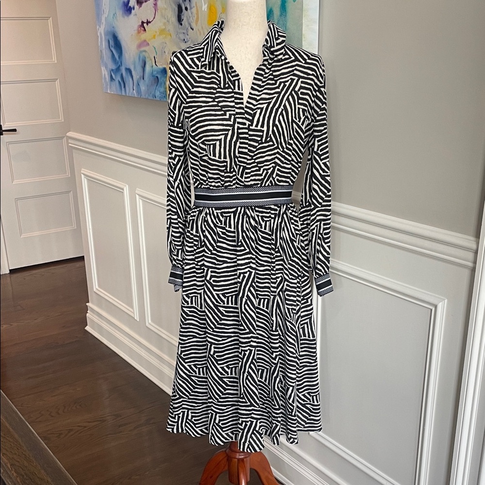 West K B&W Patterned Midi Dress Long Sleeve